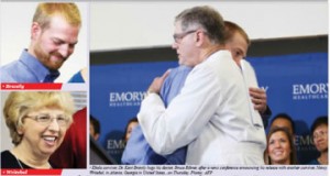 • Ebola survivor, Dr. Kent Brantly hugs his doctor, Bruce Ribner, after a news conference announcing his release with another survivor, Nancy Writebol, in Atlanta, Georgia in United States...on Thursday. Photos: AFP