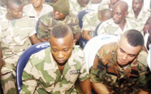 Some soldiers facing trial at the newly inaugurated General Court Martial, at the Abacha Barracks, in Abuja... on Thursday