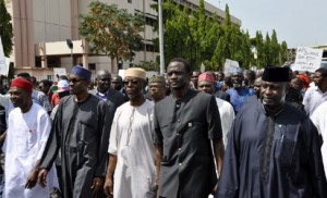APC Leaders Ogbonnaya Onu(right) Muhammadu Buhari APC National Chairman John Oyegun ,Nat Sec, Mai Mala Buni and Hon Farouk Adamu during the Salvation Rally by the party in Abuja yesterday Photos Abayomi Fayese 