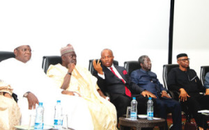 L-R: Governors Sule Lamido, Jigawa State; Babangida Aliyu, Niger; Godswill Akpabio, Akwa Ibom/Chairman, PDP Governors’ Forum; Jonah Jang, Plateau; and Olusegun Mimiko, Ondo, during the PDP Governors’ Forum interactive session with the media and Civil Society Organisations, in Lagos...on Tuesday. | credits: Saheed Olugbon