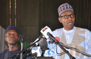 PIC. 20. FROM LEFT: GOVS. ADAMS OSHIOMHOLE OF EDO; IBIKUNLE AMOSUN OF OGUN; ALIYU WAMAKKO OF SOKOTO STATE AND FORMER GOVERNOR KAYODE FAYEMI OF EKITI, AT THE PRESENTATION OF CERTIFICATE OF RETURN TO THE PRESIDENT ELECT, RETIRED GEN. MOHAMMADU BUHARI BY INEC CHAIRMAN, PROF. ATTAHIRU JEGA IN ABUJA ON WEDNESDAY (1/4/15). 1775/1/3/15/HF/BJO/CH/NAN