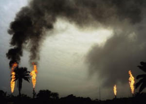 Gas flares at an Agip installation. Oil and gas flares cause air pollution and acid rain affecting surrounding communities.